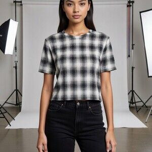 Zarelle Plaid T-Shirt Womens Size S Black White Short Sleeve Crew Neck